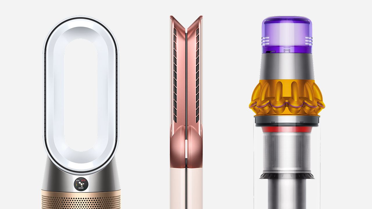 A selection of Dyson machines, including air purifiers, cordless vacuums and hair styling devices.