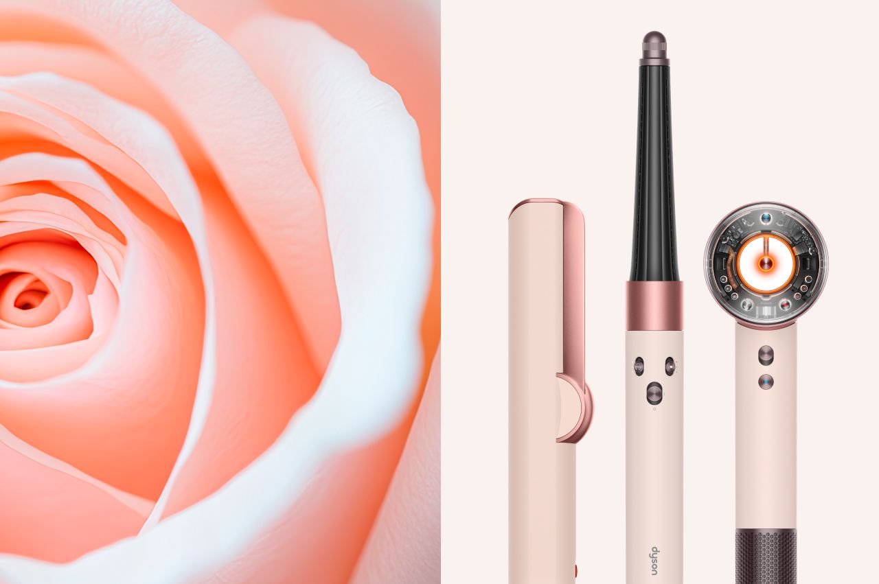 The Dyson Beauty machine range next to a blooming rose.