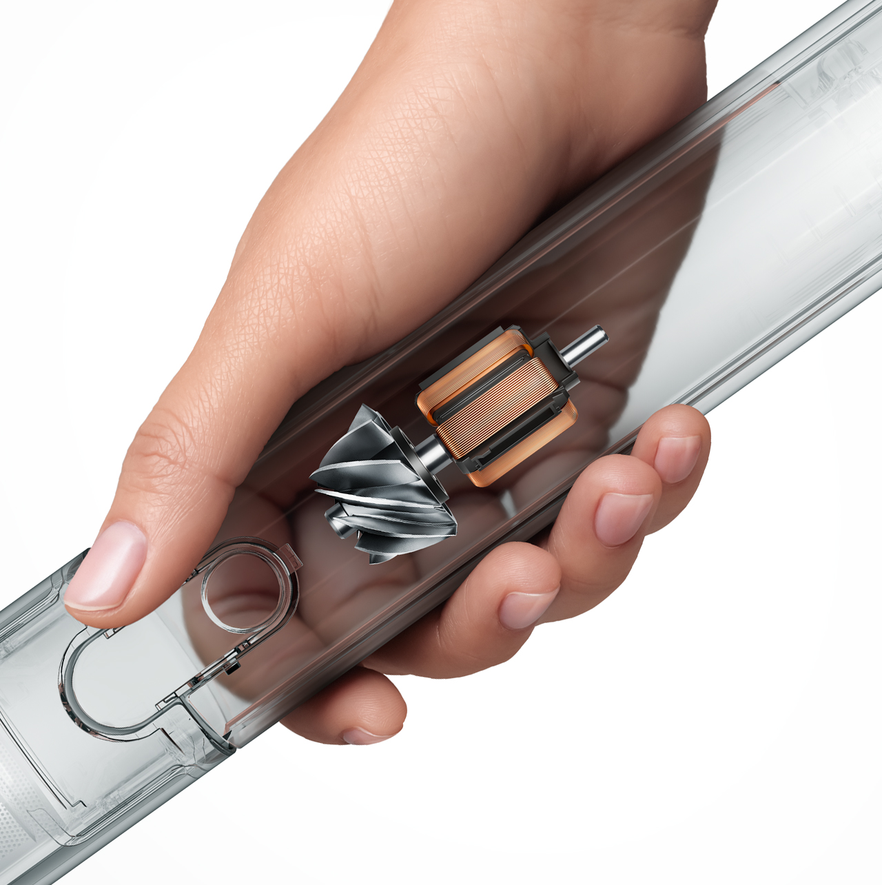 Model holding the Dyson PencilVac cleaner with the Dyson Digital Hyperdymium motor showing on the inside.