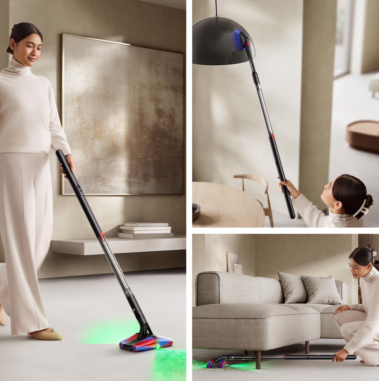 Three images of the model using the Dyson PencilVac cleaner around her home on the floors, on lighting and under furniture.