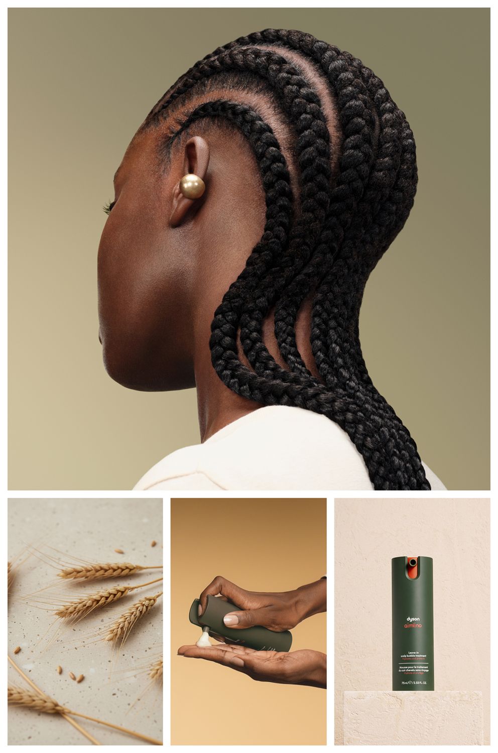 Tratamiento Dyson Amino Espuma leave-in para el cuero cabelludo, una modelo con cabello y cuero cabelludo nutridos, y tallos de cebada.