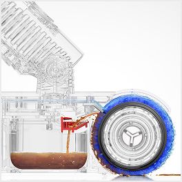 Corte transversal que muestra cómo se lava el cepillo húmedo de la Dyson PencilWash con agua limpia en cada rotación.