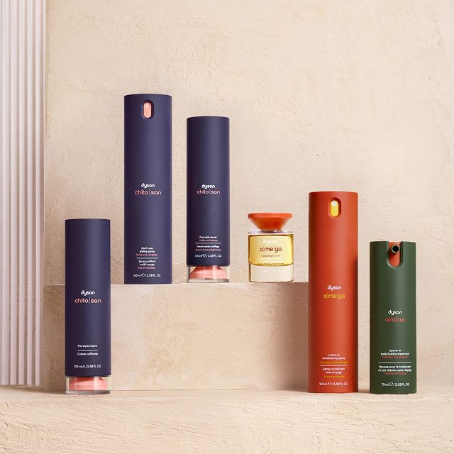 Gama de moldeado Dyson Chitosan, gama nutritiva Omega y cuidado del cuero cabelludo Amino.