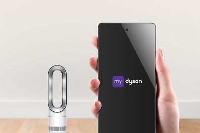 A Dyson purifier in a living room, graphics show the remote control features of the MyDyson app.