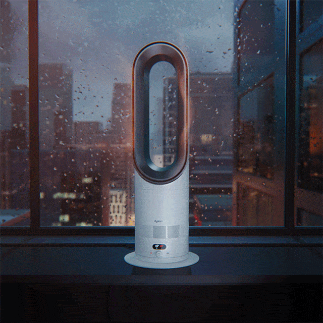 The Dyson Hot+Cool HF1 Remote Link Pre-heat heater and cooling fan in front of a busy cityscape seen at dusk in winter.