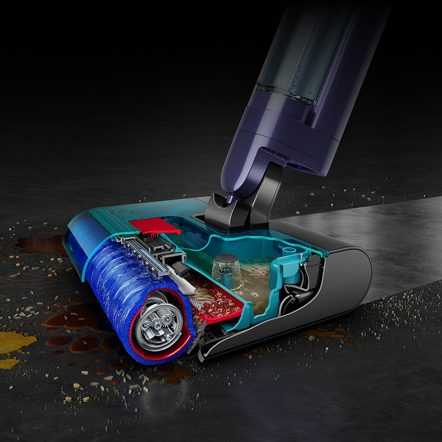 Corte transversal de la fregona eléctrica Dyson Clean+Wash Hygiene.