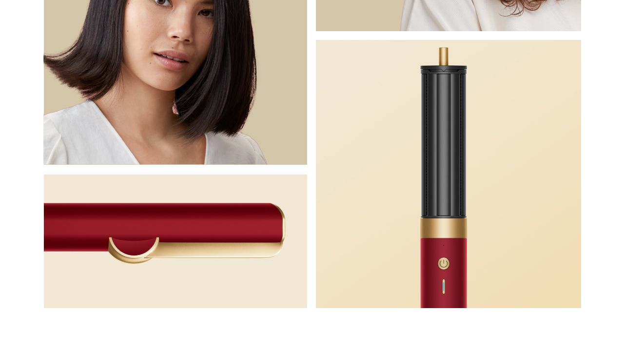A collage of Dyson Beauty devices and models with immaculately styled hair.