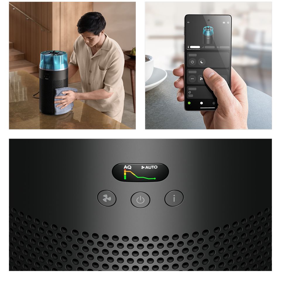 Cuadrícula de una persona limpiando su purificador Dyson HushJet, controlándolo mediante la aplicación y la pantalla LCD de la máquina.