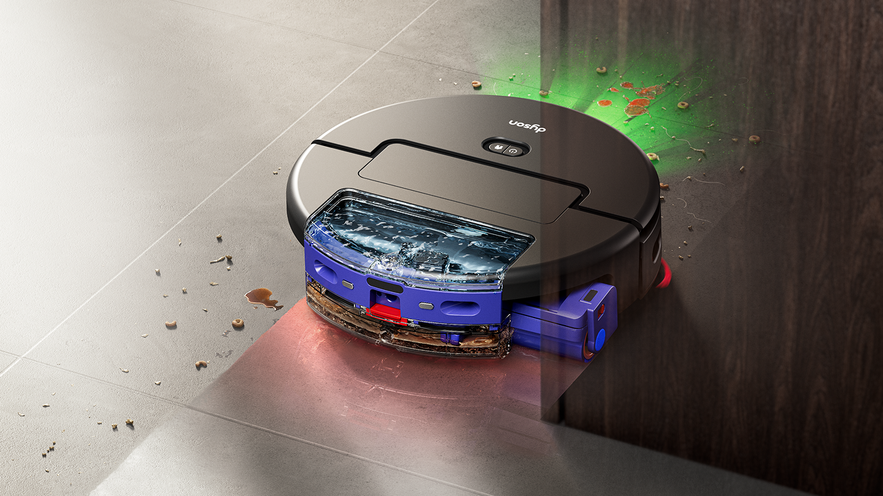 El robot aspirador Dyson Spot+Scrub Ai limpia mientras se mueve alrededor de un armario.