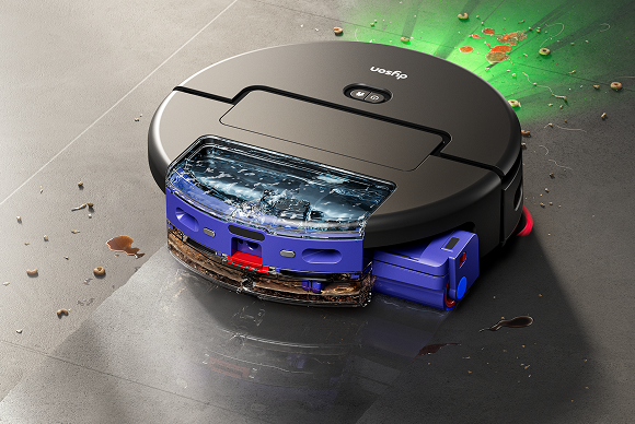 El robot aspirador Dyson Spot+Scrub Ai limpia derrames y manchas de un suelo de baldosas.