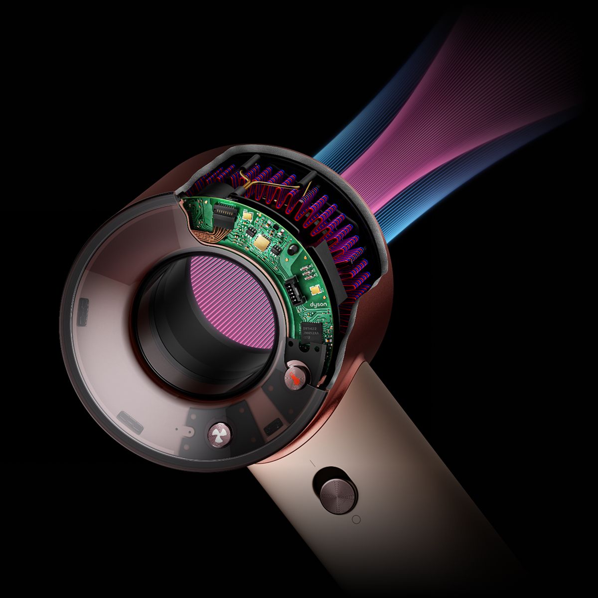 Corte transversal que muestra la tecnología de control del calor del secador de pelo Dyson Supersonic Travel.
