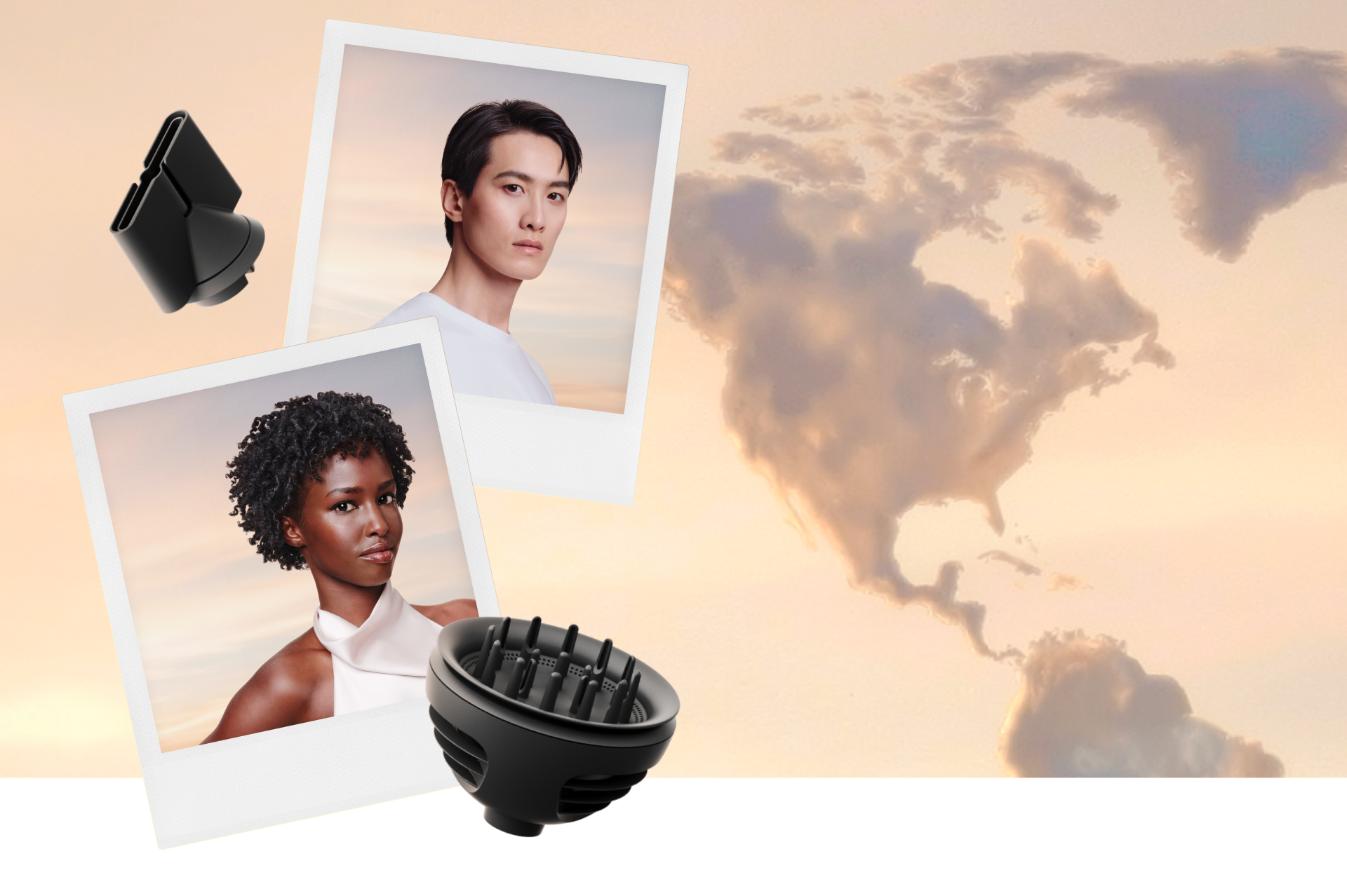 Fotografías Polaroid de modelos junto a los accesorios del Dyson Supersonic y nubes que representan un mapamundi.