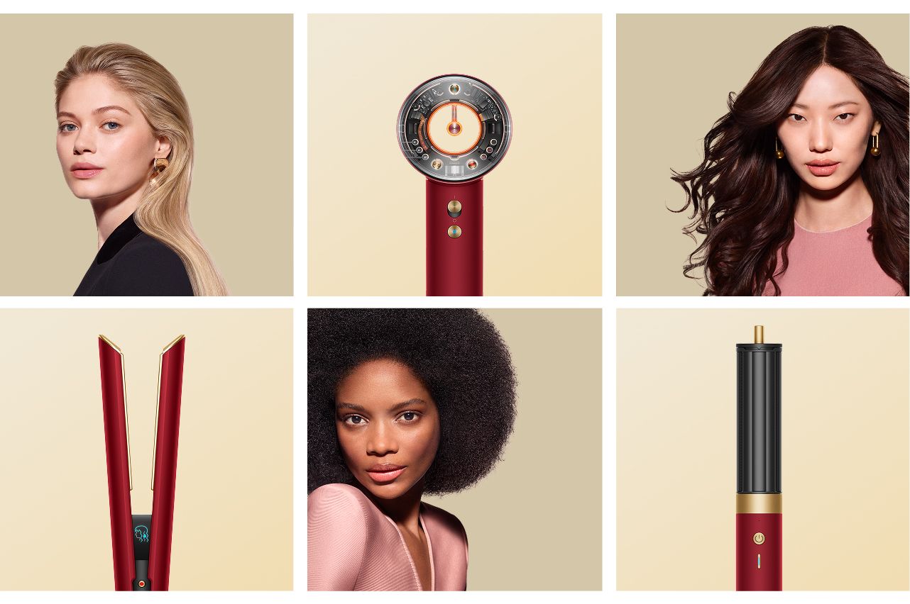 A collage of Dyson Beauty devices and models with immaculately styled hair.