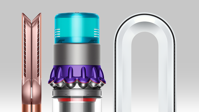A selection of Dyson machines, including  hair styling devices, cordless vacuums and air purifiers.