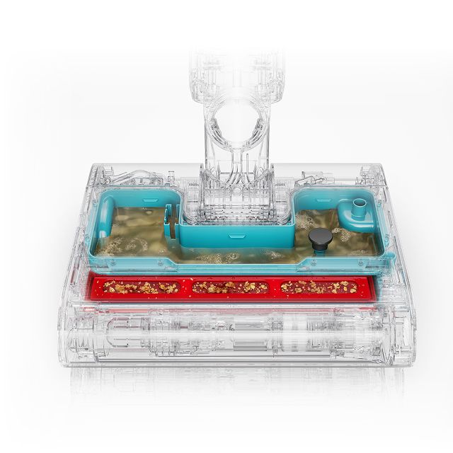 Imagen en primer plano del cabezal de la fregona eléctrica Dyson Clean+Wash Hygiene mostrando la separación de residuos.