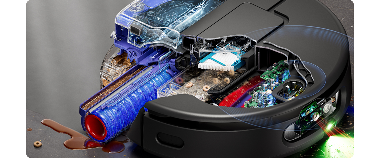 Cutaway showing the brush bar and wet roller inside the Dyson Spot+Scrub Ai robot vacuum.