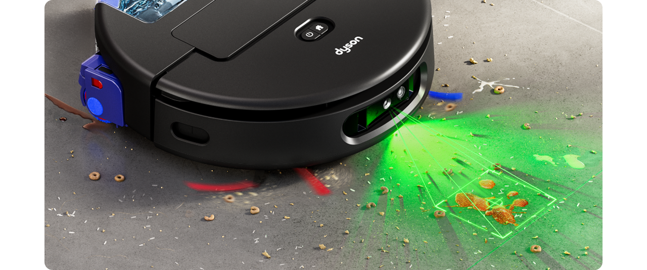 Dyson Spot+Scrub Ai robot vacuum detects and cleans spills and stains from a hard floor.