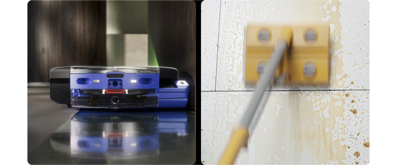 Dyson Spot+Scrub Ai robot vacuum next to a traditional mop.