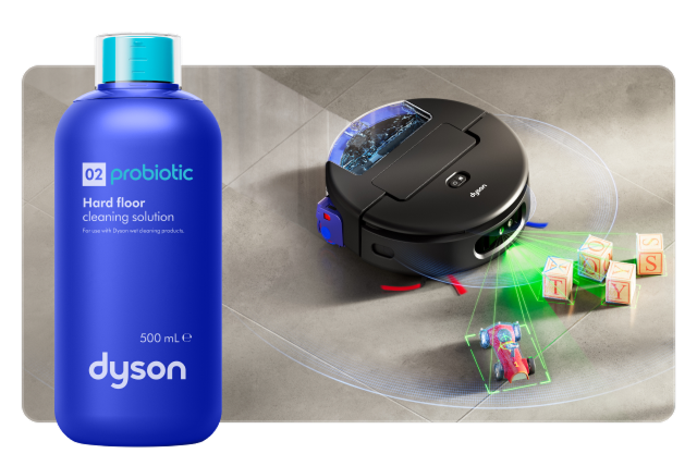 Solución de limpieza para suelos Dyson 02 Probiotic junto al robot aspirador y fregona Dyson Spot+Scrub Ai.