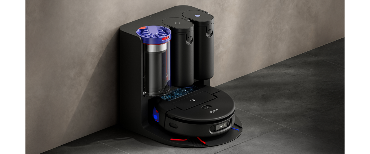 Dyson Spot+Scrub Ai robot vacuum in its dock.