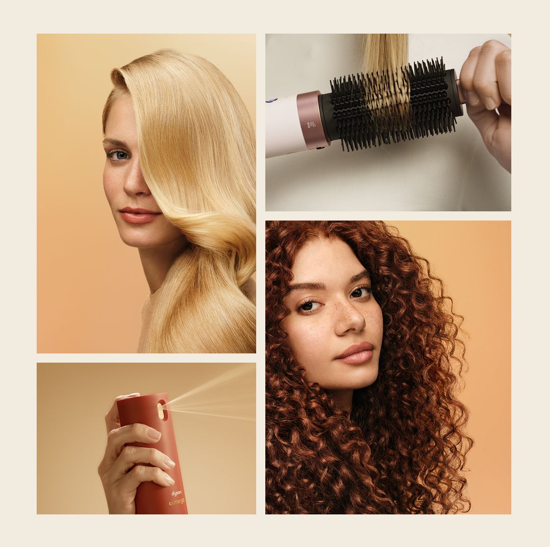 Cepilla el cabello con el cepillo redondo voluminizador Airwrap, rocía Dyson Omega spray y dos modelos lucen su melena.