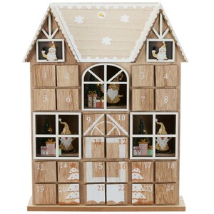 Calendar de advent cu lumini LED Casa lui MoșCrăciun maro, 29 x 7 x 37 cm