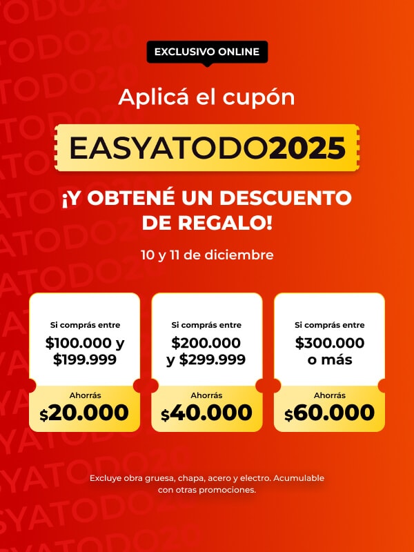 Aplicá el cupón EASYATODO2025 y obtené un descuento de regalo - 10 y 11 de Diciembre.