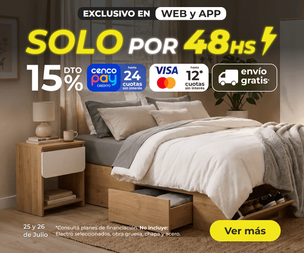 Solo por 48hs - 25 y 26 de Julio - 15% OFF, 24 Cuotas sin interés con Cencopay y 12 cuotas sin interés con Visa y Mastercard con retiro en 24 horas
