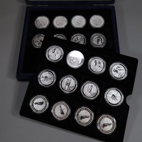 A Cased Collection of 21 Australian Kookaburra Silver 1oz Coins in Plastic Capsules