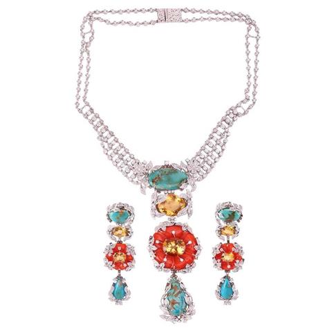 A Floral Necklace and Earrings Ensuite Set With Carved Coral, Turquoise, Citrine and Diamond