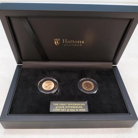 Hatton's of London Boxed Set of 2 x Gold Sovereigns Coin Set of 1957 and 2022 'The First Sovereigns of Our Sovereigns'