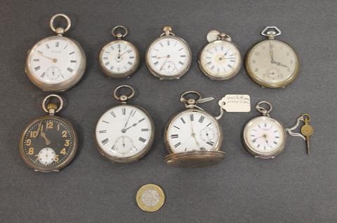 Job lot of mainly hallmarked silver pocket watches 9 in total