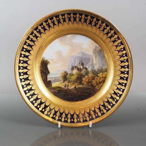 An Early 19th Century Brussels Porcelain Dessert Plate, Decorated With Landscape Panel "Chateau D'Aigle Les Valois"