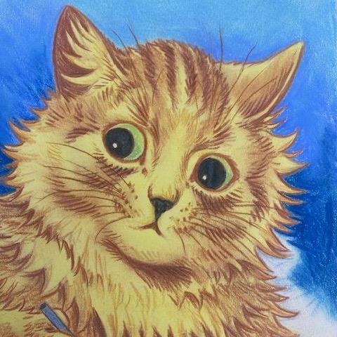 Louis William Wain (British, 1860-1939): An Original Louis Wain Mixed Media Artwork Painting Depicting a Classic Louis Cat Holding an Ink Pen Signed Lower Right "Louis Wain"