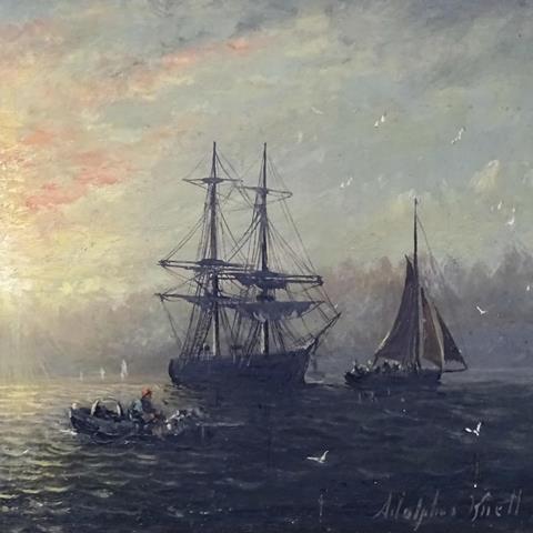 William Adolphus Knell (1801-1875) Sailing and Rowing Boats at Dawn, With Figures and Sea Birds Signed Oil on Artboard