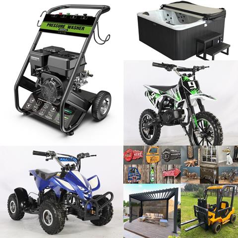 Collective Sale of Quad Bikes, Pit Bikes, Pressure Washers, Generators, Hot Tub, Ride-On Forklift Toys, VR Drones, Christmas Gifts, Tools, Home Decor, Animal Statues & More!