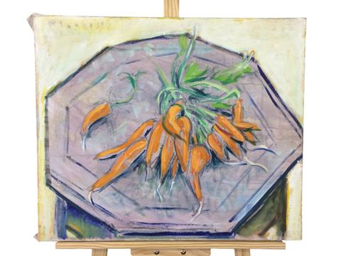 Joseph Francis Plasket, 1918-2014, "Still Life, Carrots", impressionist oil on canvas, signed upper left and dated upper right 2011