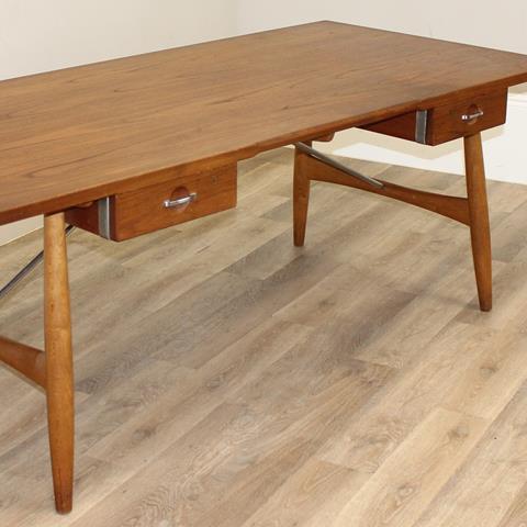 Attributed to Hans J. Wegner for Johannes Hansen of Denmark, an Extremely Rare Oak, Teak and Polished Metal Desk