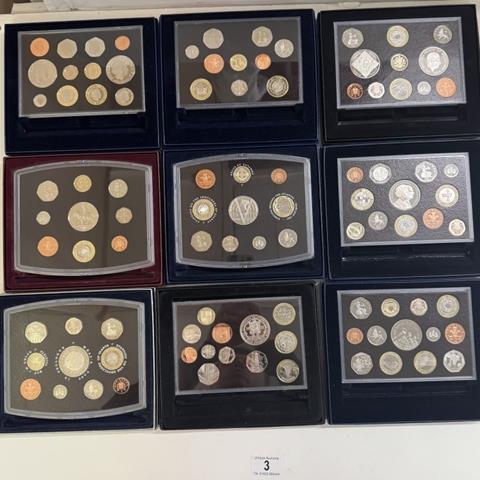 9 Boxed UK Proof Coin Collection Sets, 2000 - 2202 & 2004 - 2009 Including 2009 Kew Gardens Set