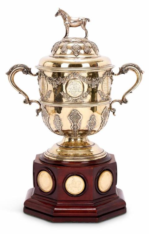 A Massive Silver Gilt Equestrian Trophy Cup, London