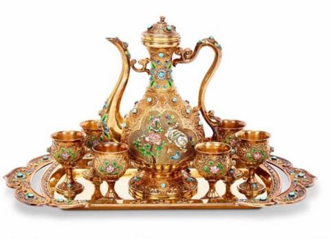 A Solid Silver Gilt, Enamel and Hardstone Mounted Coffee Set