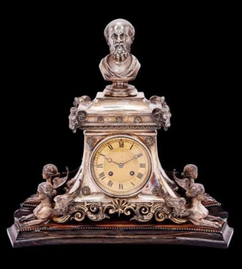 A Rare Large Silver and Parcel Gilt Mantel Clock, English, 1864