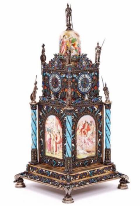 A Massive Silver and Enamel Clock Attributed to Hermann Boehm, Vienna, Circa 1890