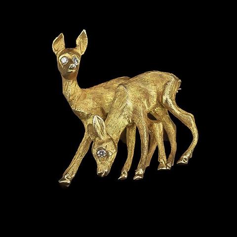 14ct Gold Diamond Animal Brooch, In The Form Of Two Deer, Set With Diamond Eyes