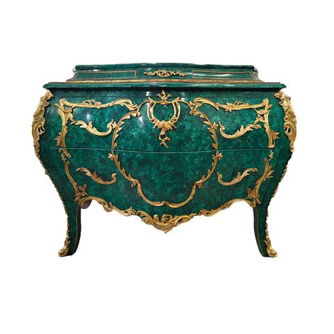 Bombe Commode, Faux Malachite Finish With Two Drawers and Gilt Ormolu Mounts