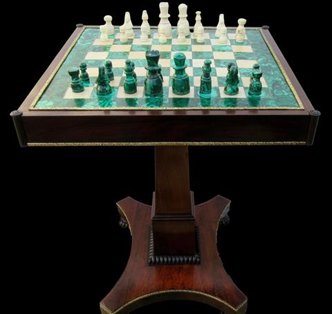 Chess Set and Table. Regency rosewood. Malachite and Marble