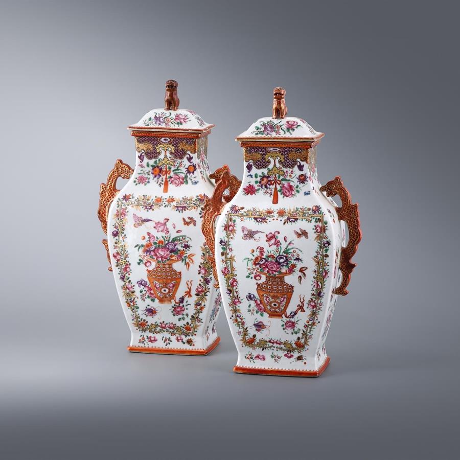 A Pair of Chinese Export Vases and Covers, With Buddhist Lion Finials to the Covers — Qianlong