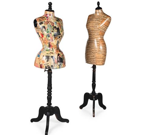 TWO DECOUPAGE DECORATED MANNEQUINS MID 20TH CENTURY