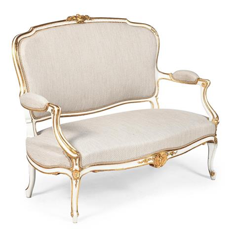 A French Giltwood and Painted Canape Sofa in Louis XVI Style 19th Century - With recent cream cotton upholstery