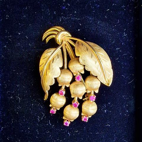 Exquisite Vintage Tiffany & Co Italy 18ct Gold Lily of the Valley Pin Brooch Set With Round Cut Faceted Ruby Drops, Circa 1950 - 1960